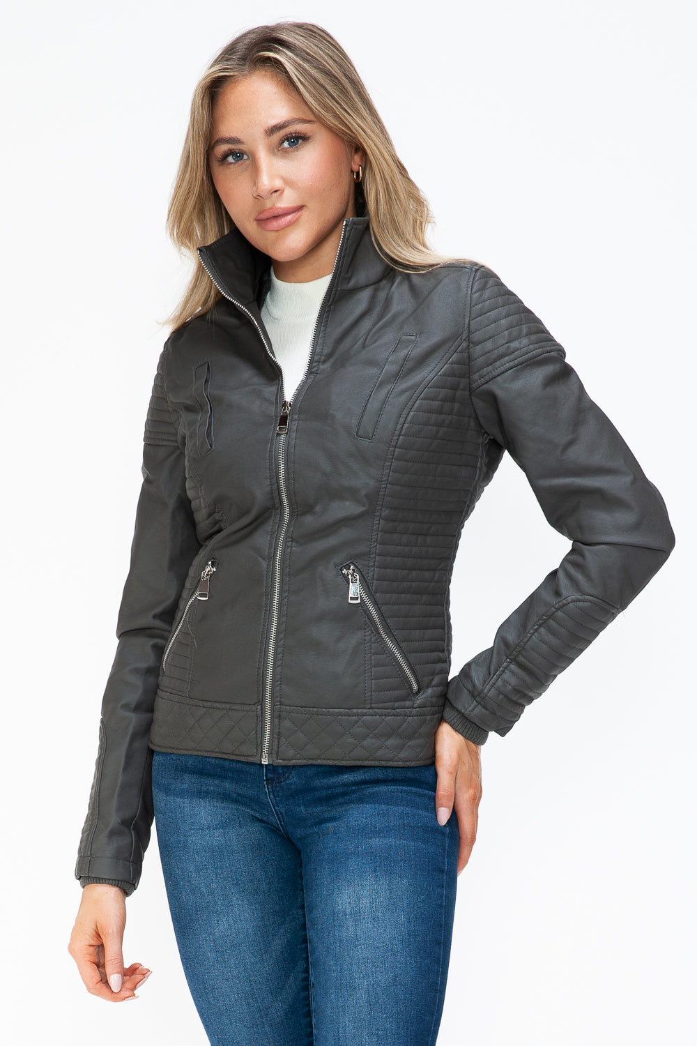 Charcoal Faux Layered Double-Zipper Jacket with Fuzzy Hood