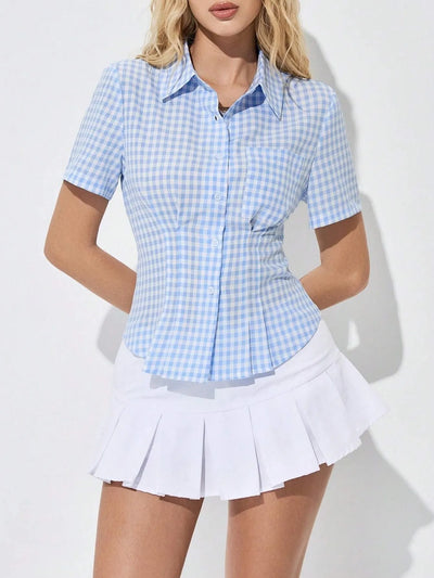 Trendsi womens light blue gingham Short Sleeve Button-Up Shirt styled with white pleated mini skirt