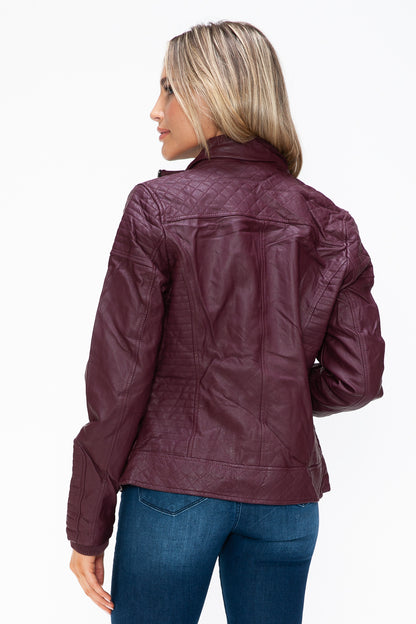 Wine Faux Layered Double-Zipper Jacket with Fuzzy Hood