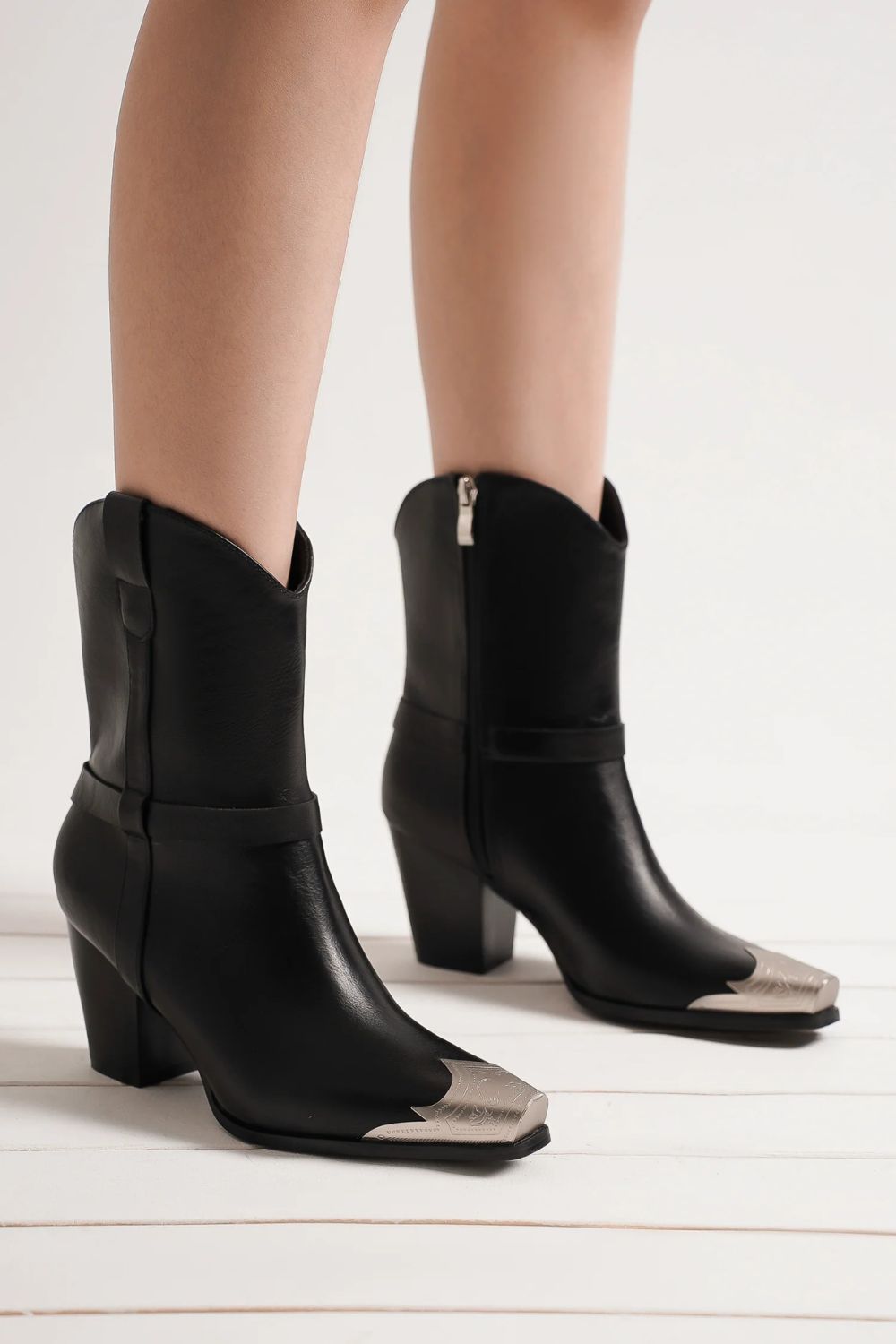 Black Faux Leather Metal Toe Ankle Boots