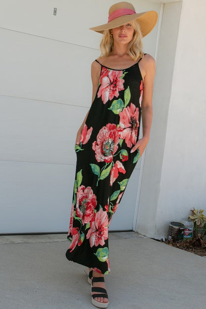 Floral Halter Round Neck Maxi Dress with Pockets