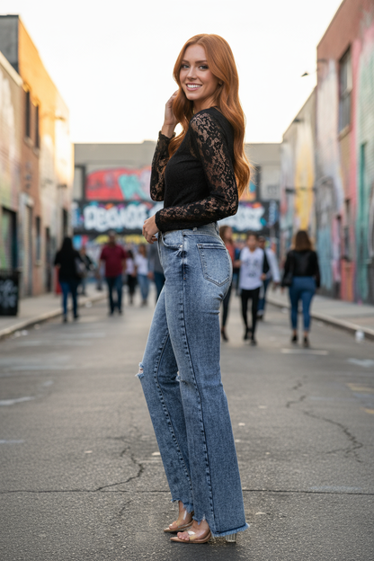 Distressed flare jeans side profile at art district