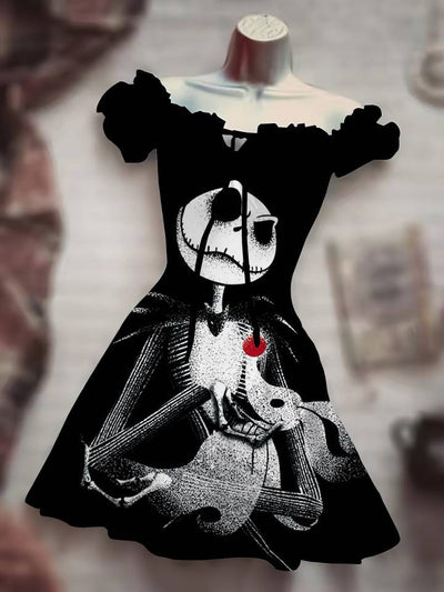 Black Drawstring Dress featuring spooky character design for a stylish Halloween look