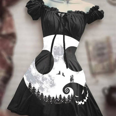 Black Drawstring Dress featuring a Jack Skellington design with a moon and forest theme