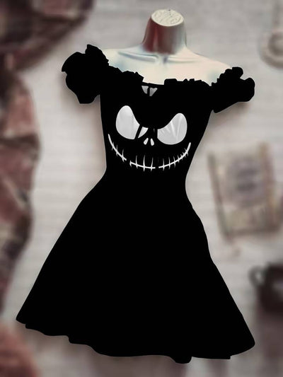Black Drawstring Dress with a Spooky Pumpkin Face Design and Ruffled Sleeves