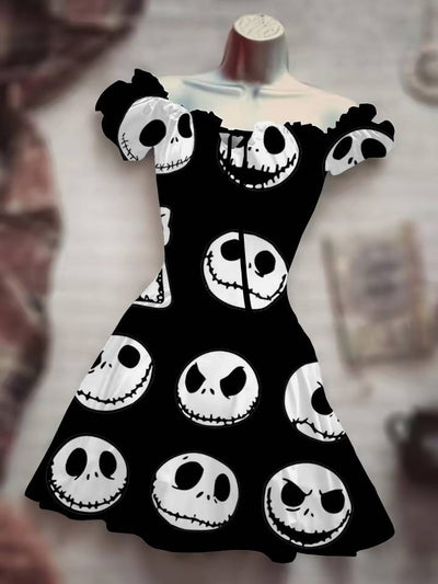 Black drawstring dress with white Jack Skellington skull patterns for a fun and playful look