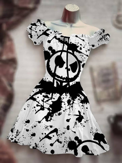 Black and white off-shoulder Drawstring Dress with artistic splatter design for casual outings