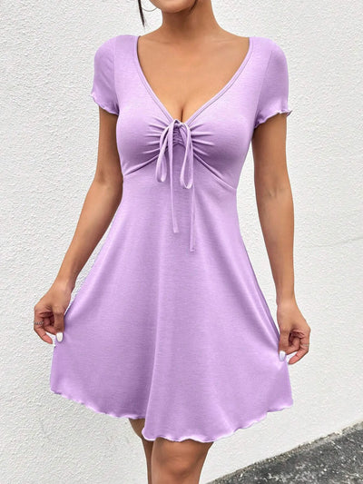 Trendsi Drawstring Mini Dress in Lavender with Short Sleeves and Deep V-Neck Design