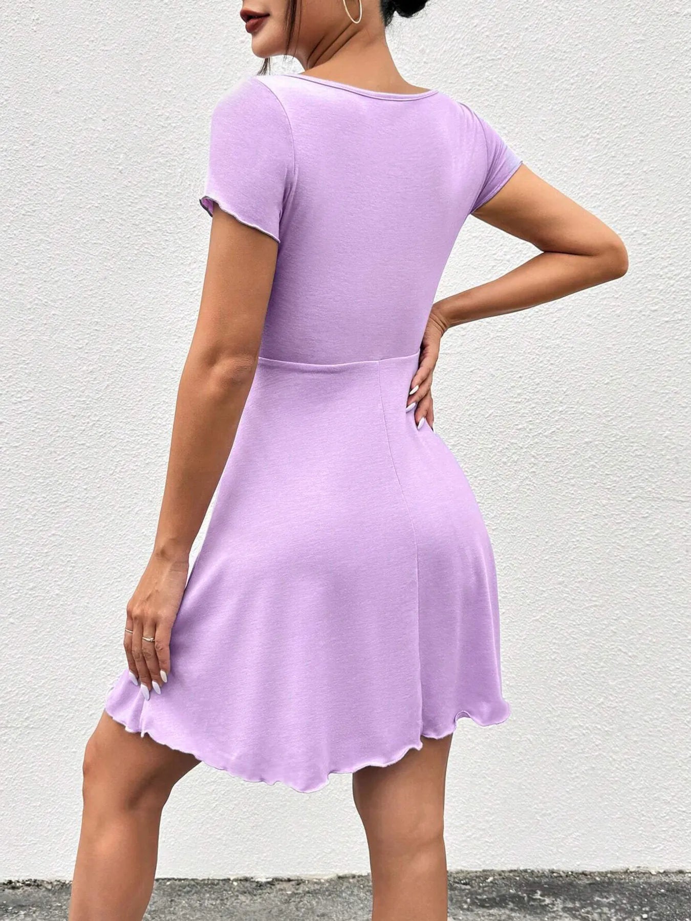 Trendsi Drawstring Mini Dress in Lavender with Short Sleeves and Scalloped Hem for a Casual Look