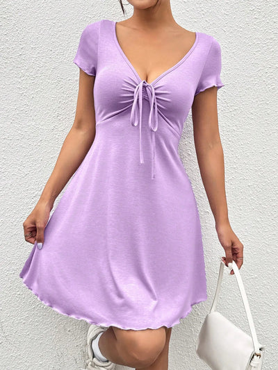 Trendsi Drawstring Mini Dress in Lavender with Short Sleeves and V-Neck Design