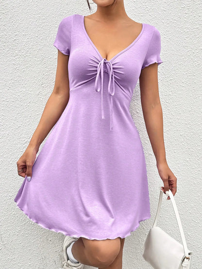 Trendsi Drawstring Mini Dress in Lavender with Short Sleeves and V-Neck Design