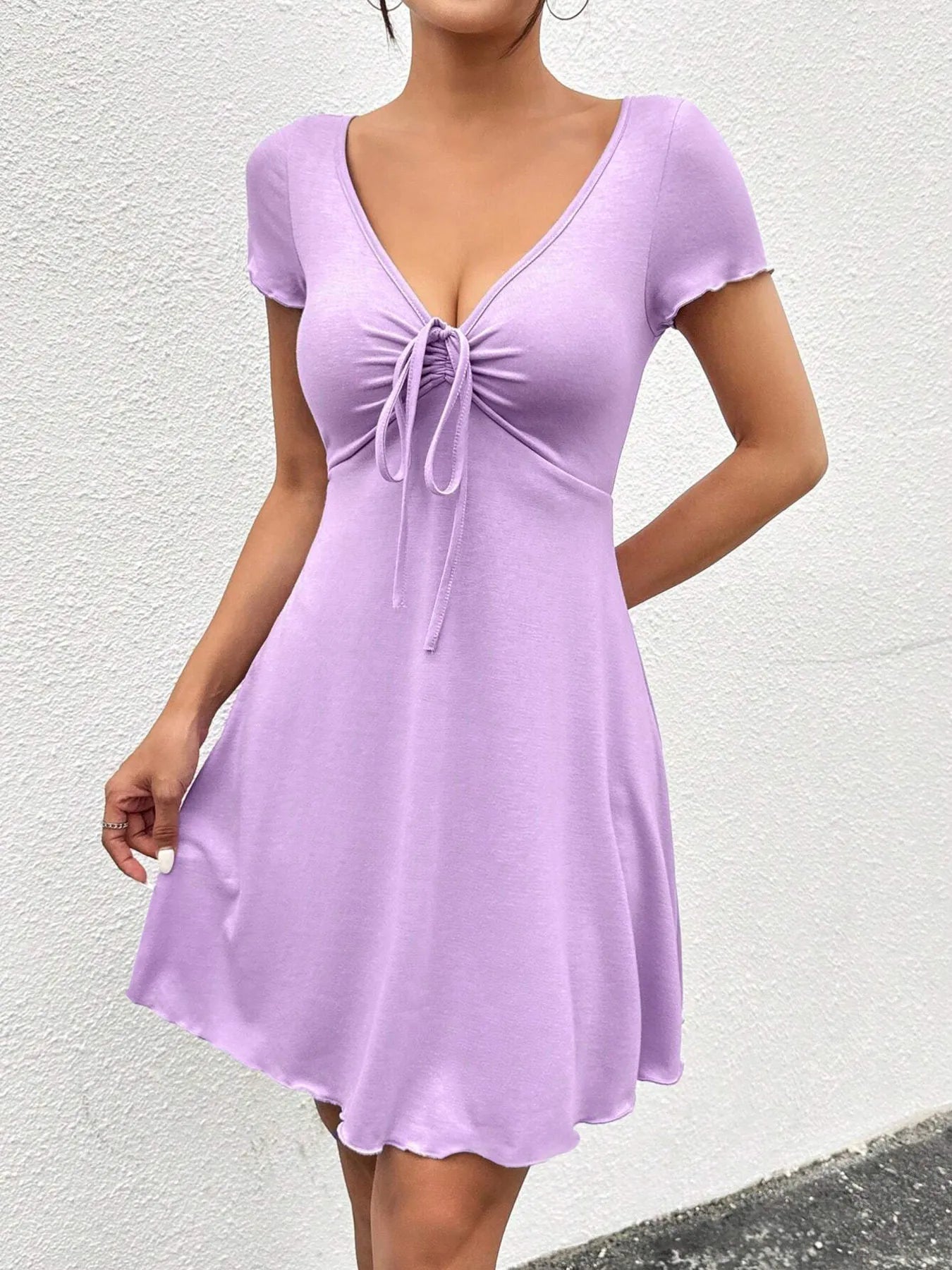 Light Purple Drawstring Mini Dress with Short Sleeves and a Flattering V-Neckline