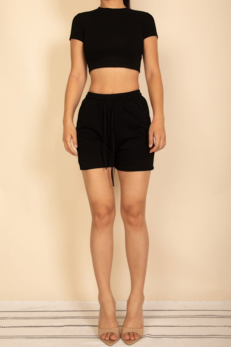 Black CCWHOLESALECLOTHING Drawstring Shorts Set featuring a cropped top and comfortable shorts
