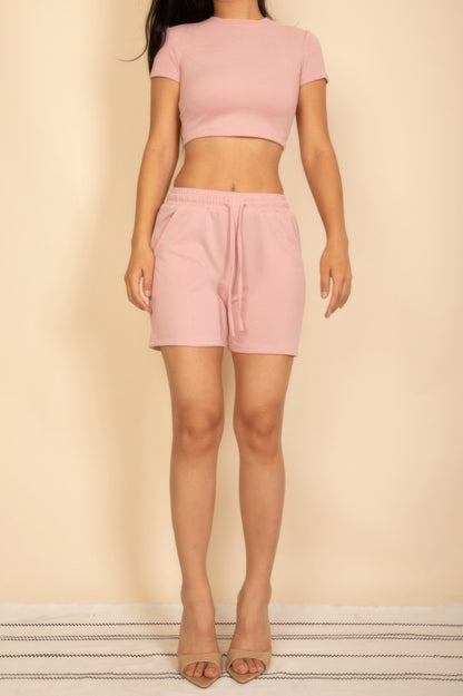 CCWHOLESALECLOTHING Drawstring Shorts Set in Soft Pink with Short Sleeve Crop Top