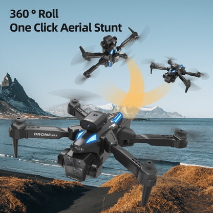 Trendsi C10 Black three camera drone performing 360 degree roll aerial stunt over coastal landscape