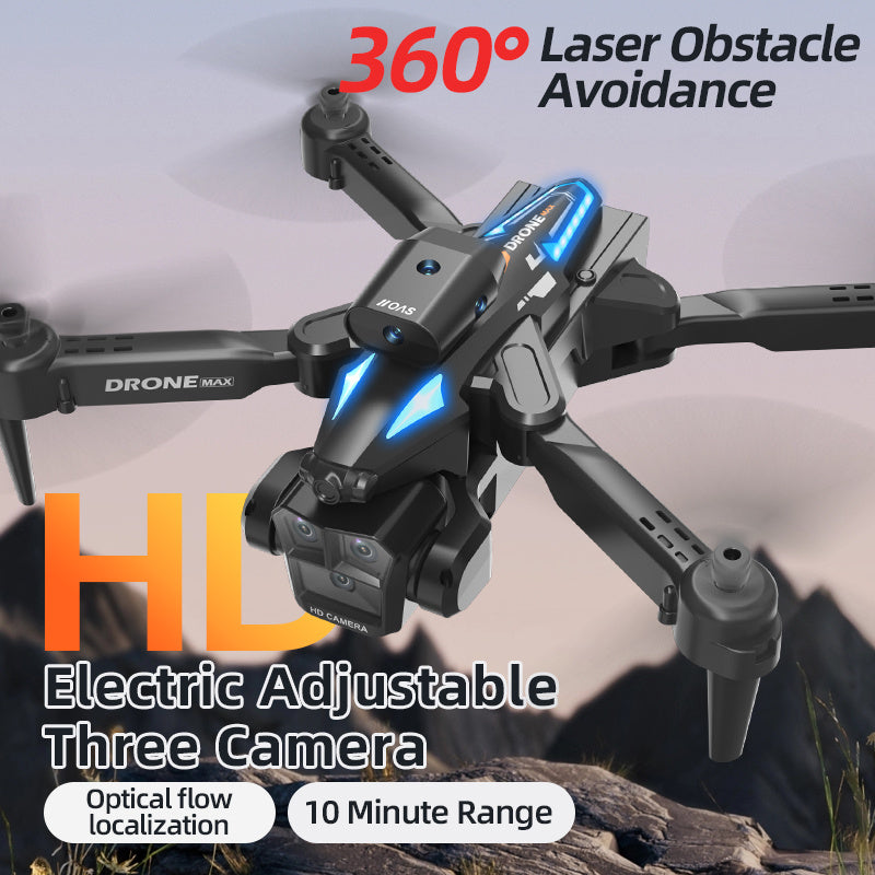 C10 Black three camera drone with blue LED lights and 360 degree laser obstacle avoidance over rocks