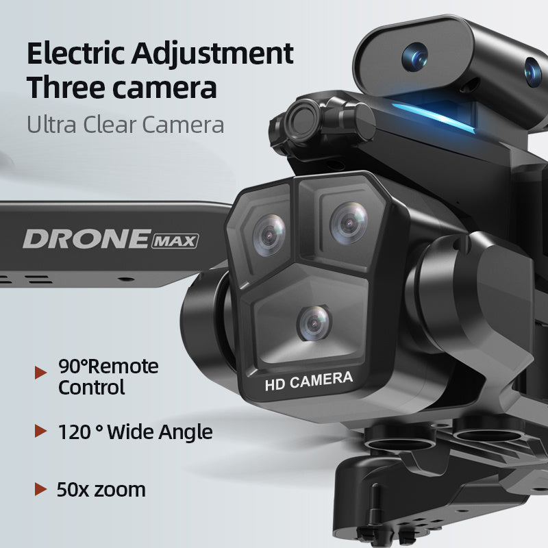 Trendsi C10 Black three camera drone closeup showing triple HD lenses wide angle 50x zoom features