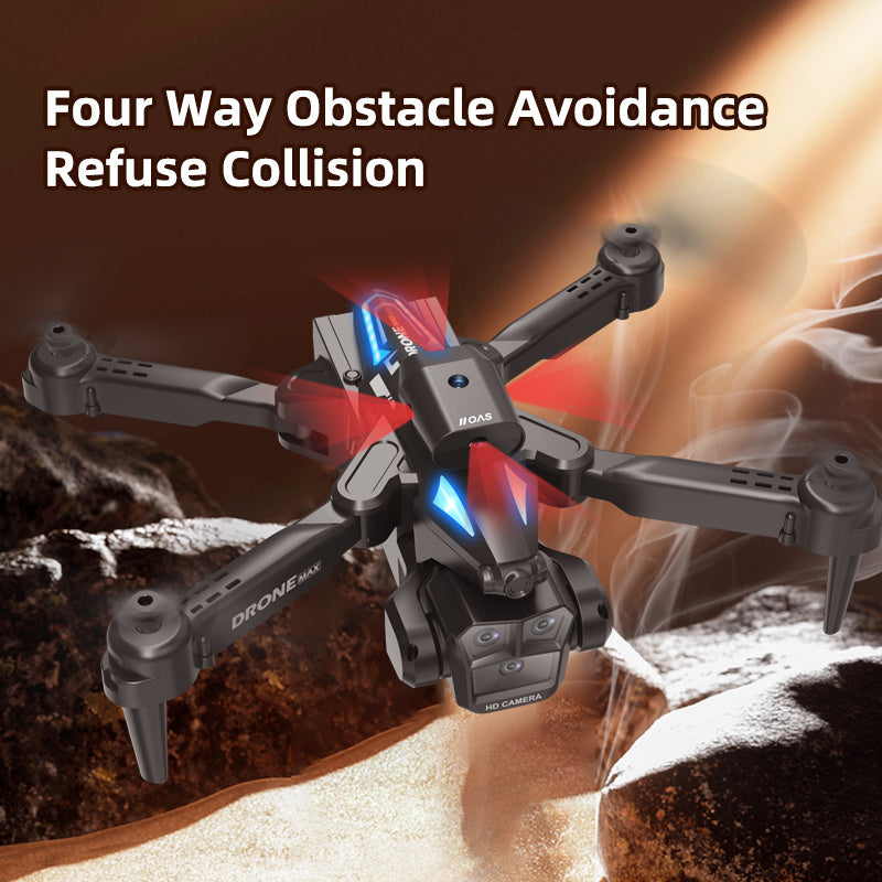 Trendsi C10 Black three camera drone in flight showing foldable black body LED lights and obstacle avoidance sensors