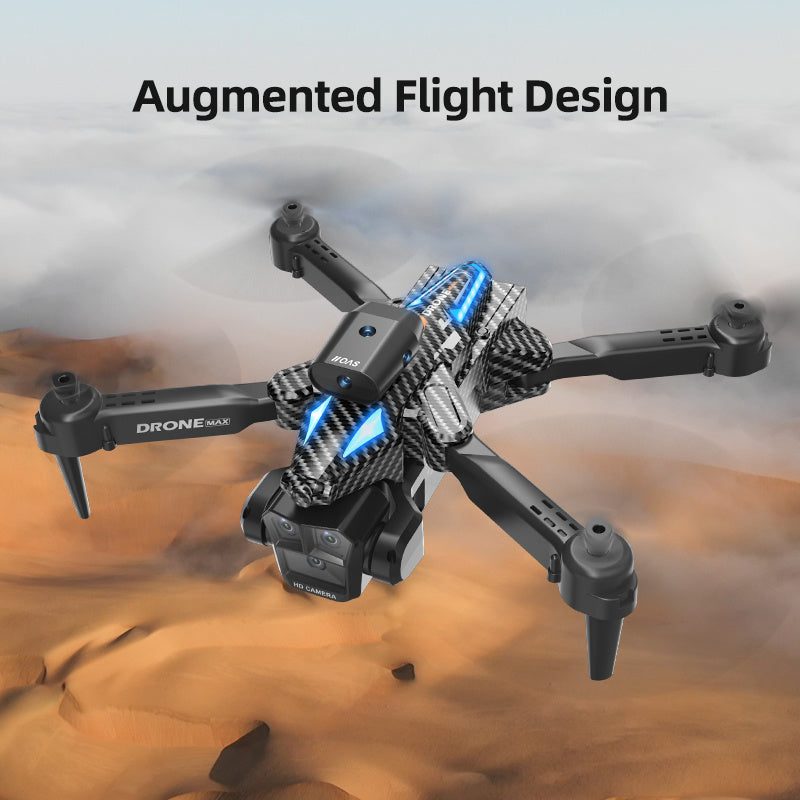 Trendsi C10 Black three camera drone carbon fiber body blue LED lights folding arms front camera over desert background