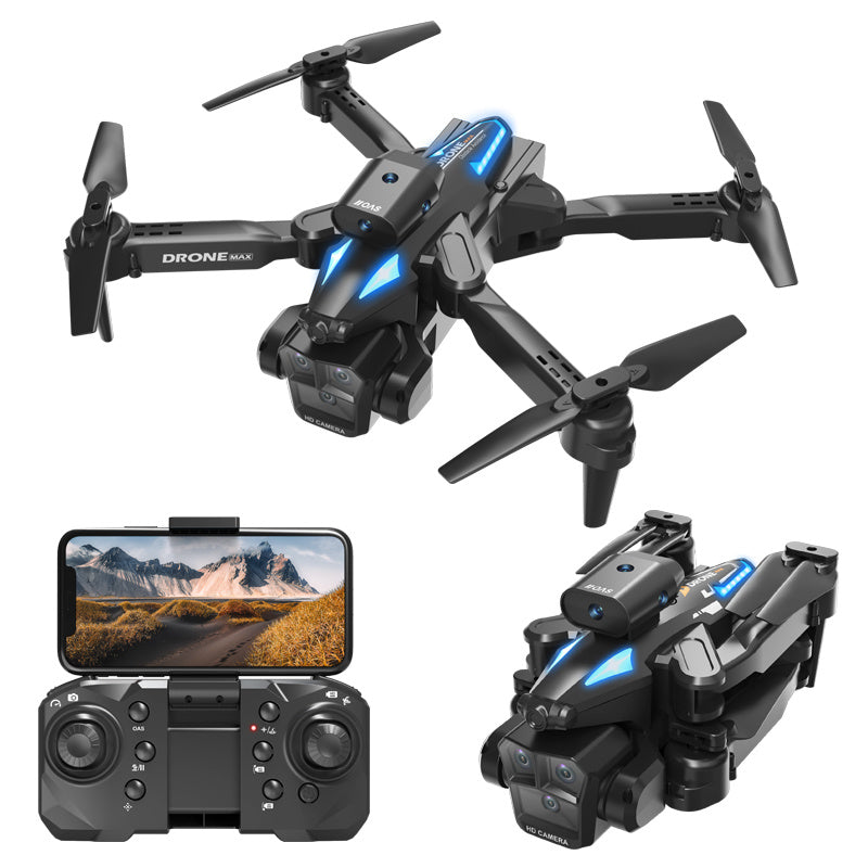 C10 Black three camera drone by Trendsi showing quadcopter open and folded with remote and smartphone