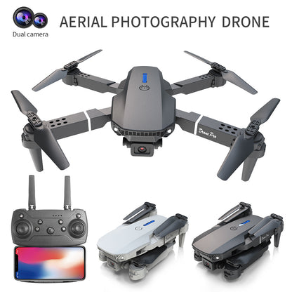 Trendsi E88 dual camera drone in gray with remote control smartphone display and folded white and gray views