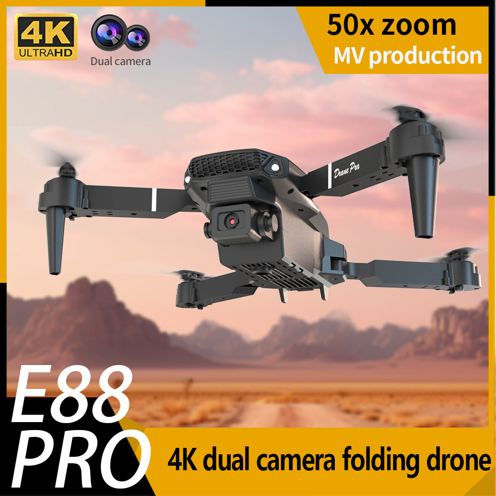 Trendsi E88 dual camera drone 4K folding quadcopter in black with dual lenses and desert background