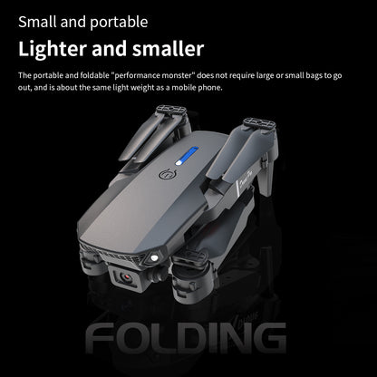 Trendsi E88 dual camera drone foldable compact portable quadcopter in gray showing front dual lenses
