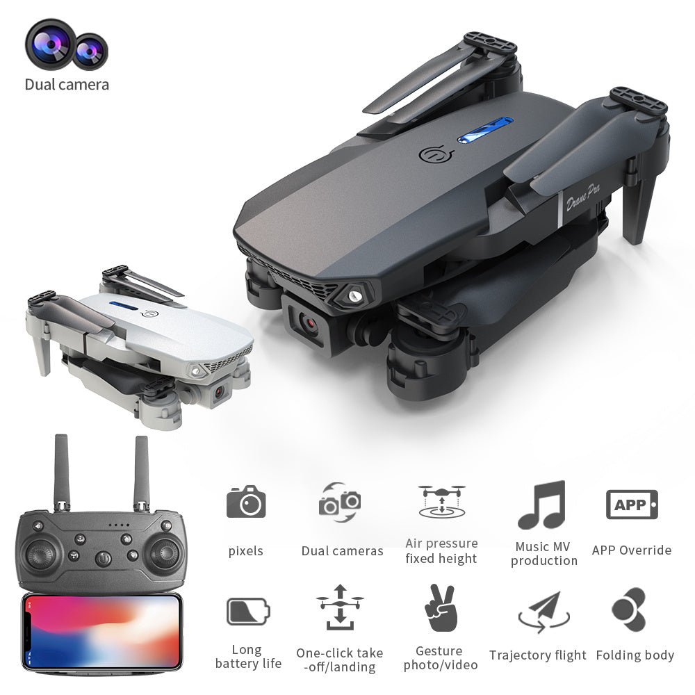 Trendsi E88 dual camera drone folding quadcopter shown folded with remote control and smartphone display