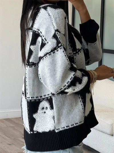 Black and white Drop Shoulder Sweater with a ghost design for a trendy casual look