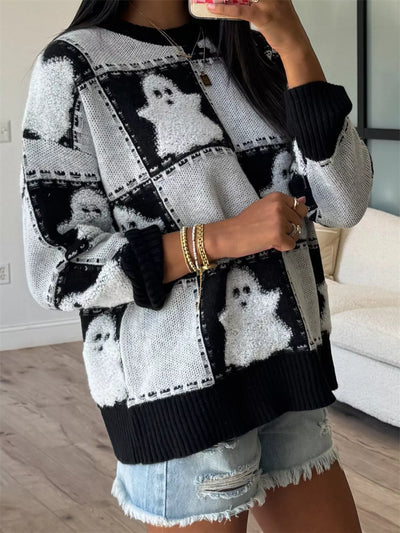 Trendsi Drop Shoulder Sweater with Ghost Print Design and Cozy Fit for Casual Wear