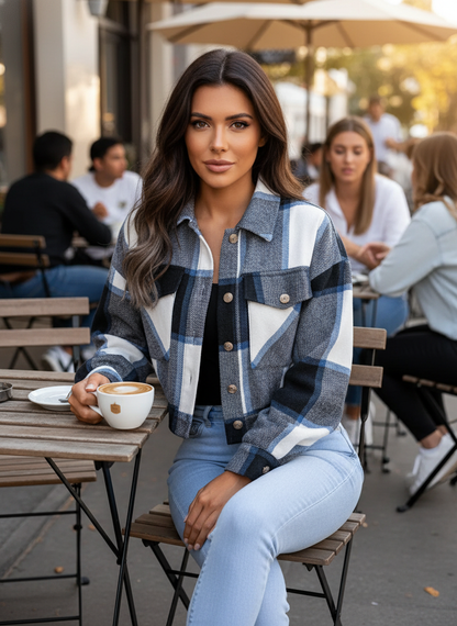 Dusty blue plaid jacket - front view