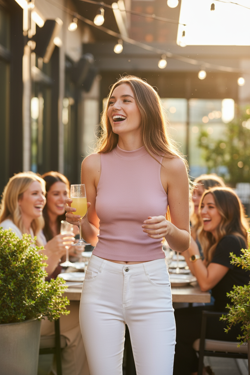 Dusty rose mock neck tank at brunch