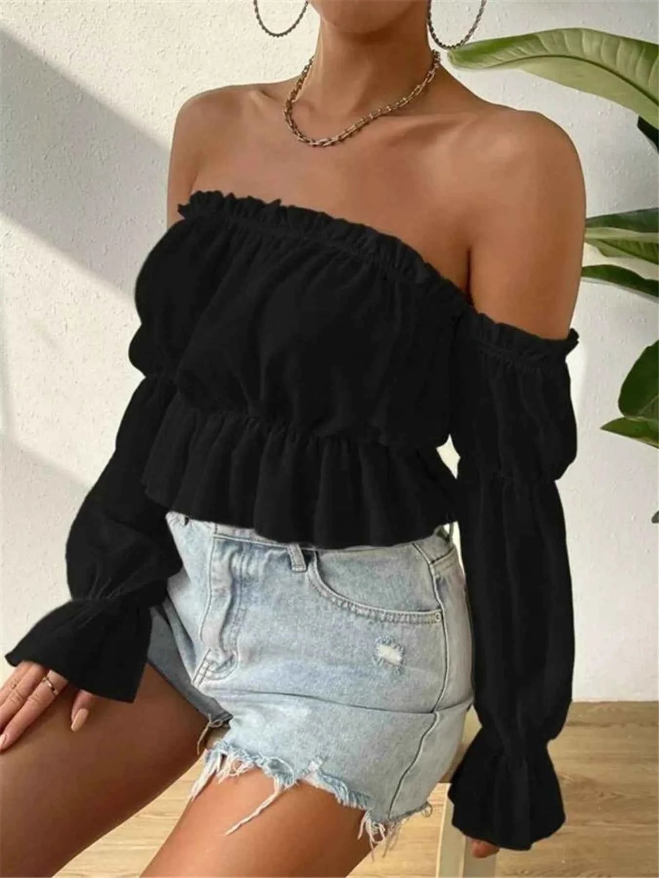 Off-Shoulder Ruffle Trim Sheer Cropped Blouse