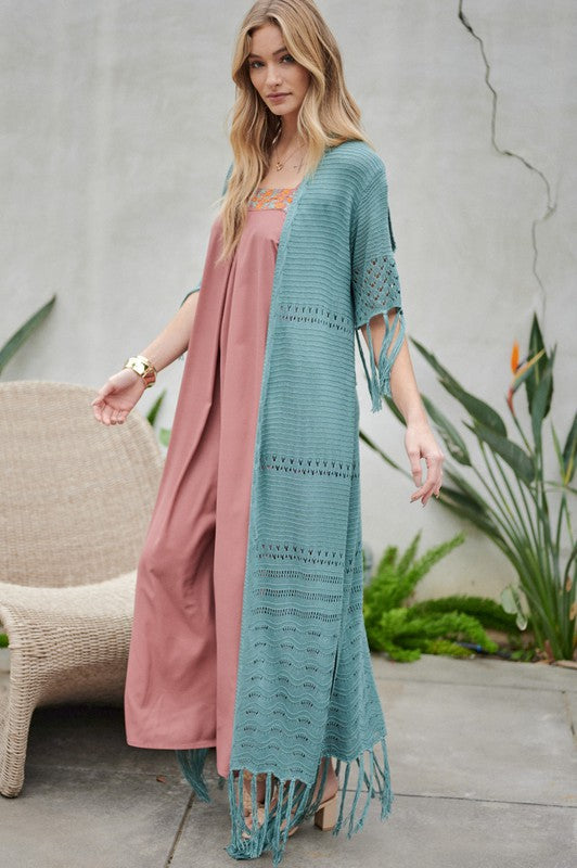 Solid 3/4 Sleeve Long Cardigan With Fringe