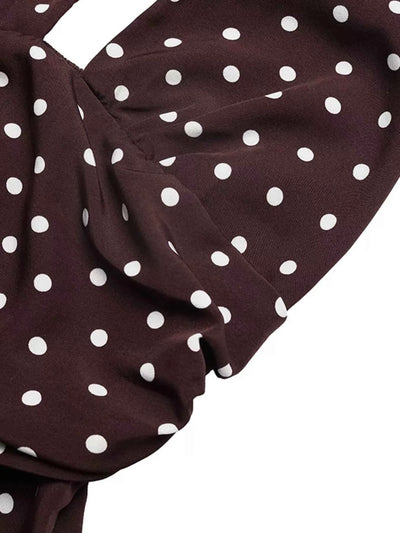 Polka Dot Halter Maxi Dress - Tie Neck Brown Print