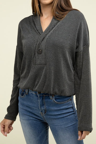 Textured Line Elastic Waist Pullover Top - Fashions Envy