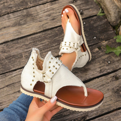 Studded Raw Hem Flat Sandals - Fashions Envy