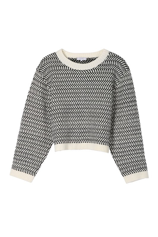 Herringbone Pattern Crew Neck Long Sleeve Sweater