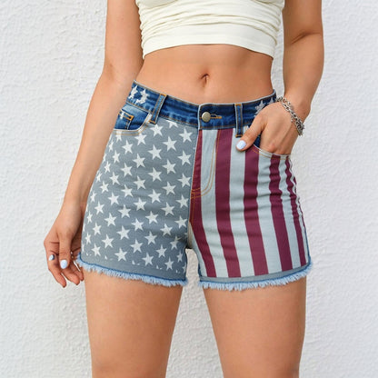 Patriotic American Flag Shorts - Mid-Rise 4th of July Denim Shorts