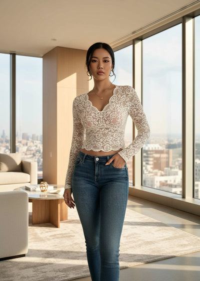 Elegant Lace V-Neck Long Sleeve Top
