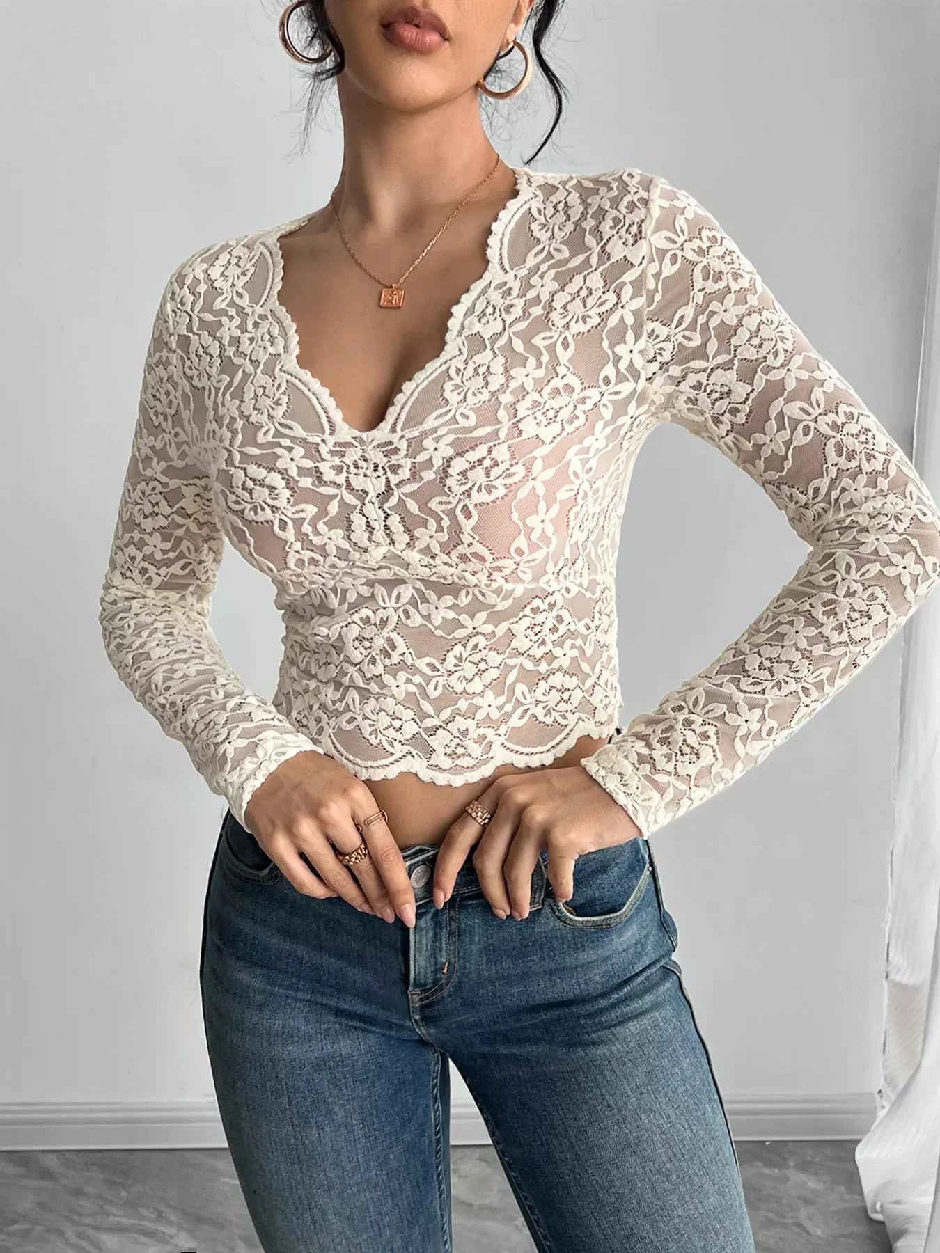 Elegant Lace Top - V-Neck Long Sleeve Blouse