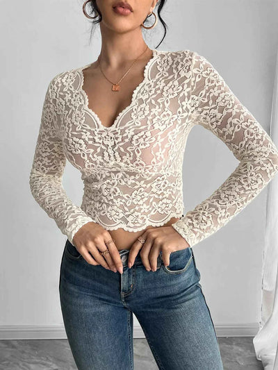 Elegant Lace Top - V-Neck Long Sleeve Blouse