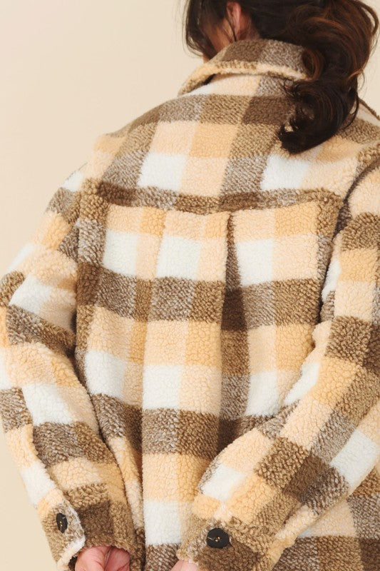 Brown Orange Plaid Check Sherpa Jacket with Pockets