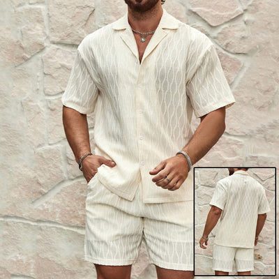 Men's Summer Fashion Solid Loose Casual Two Pieces Lapel Button Shirt Shorts Set