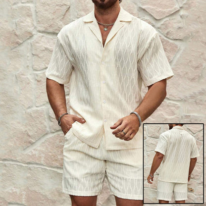 Men's Summer Fashion Solid Loose Casual Two Pieces Lapel Button Shirt Shorts Set