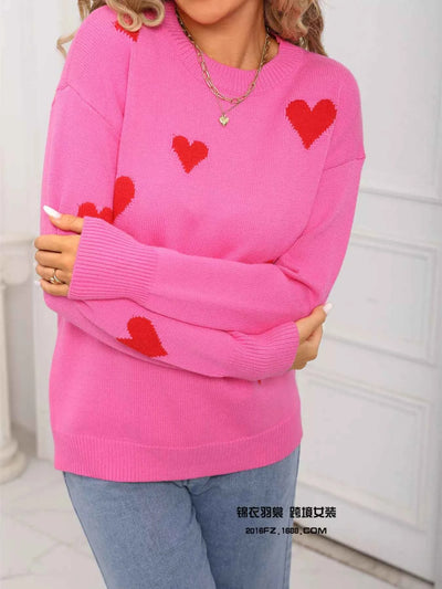 Valentine's Day Heart Print Round Neck Sweater - Fashions Envy