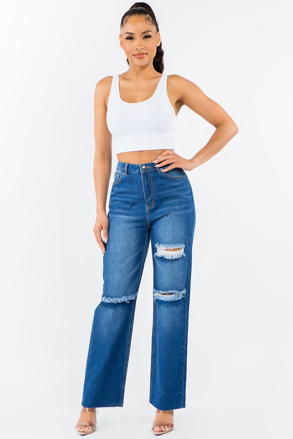 High Waist Distressed Wide Leg Denim Blue Jeans