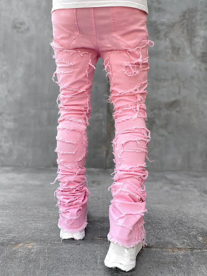 Men's Individual Patched Pants Long Tight Fit Stacked Jeans