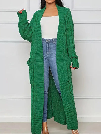 Cable Knit Cardigan - Longline Textured Pocketed Duster - Fashions Envy