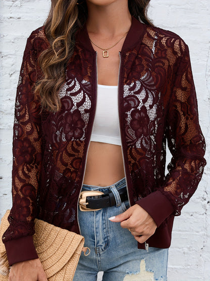 Sheer Lace Zip Up Long Sleeve Jacket - Fashions Envy